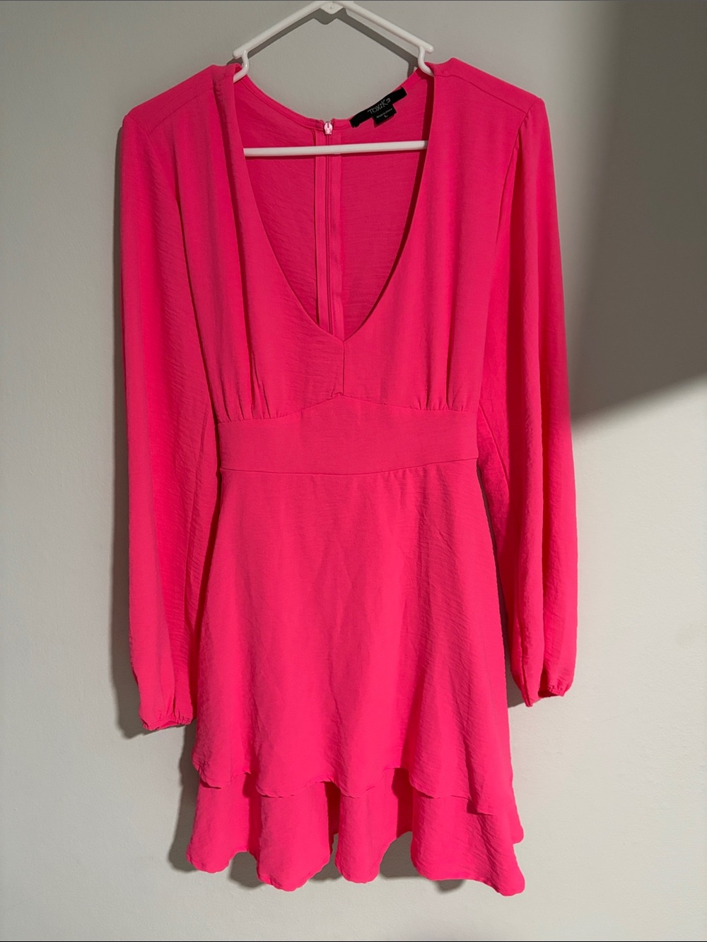 Toxik3 Bright Hot Pink Long Sleeve V-Neck Mini Dress